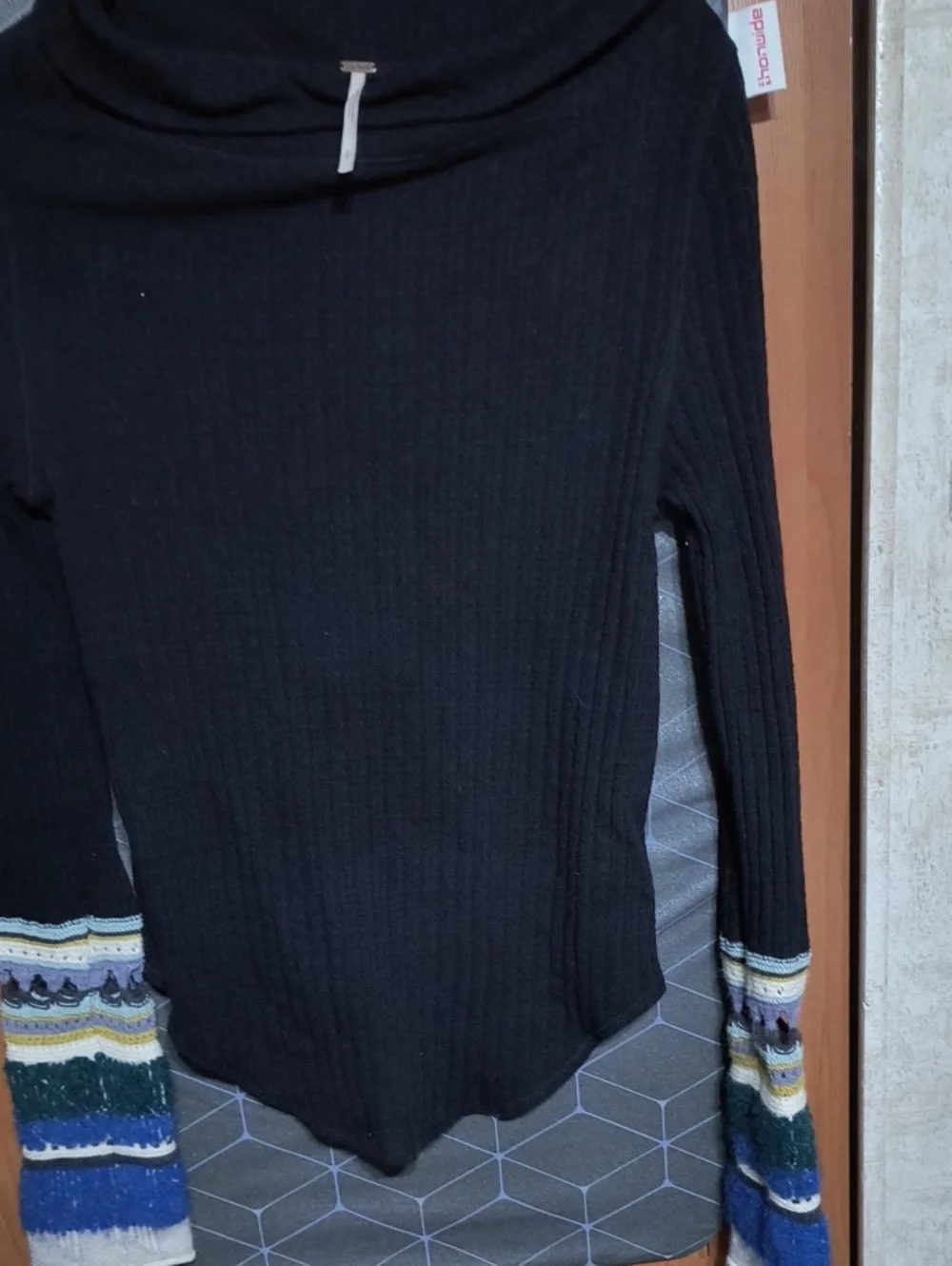 Free People Black Ribbed Cowlneck Sweater with Multicolor Striped Sleeves
